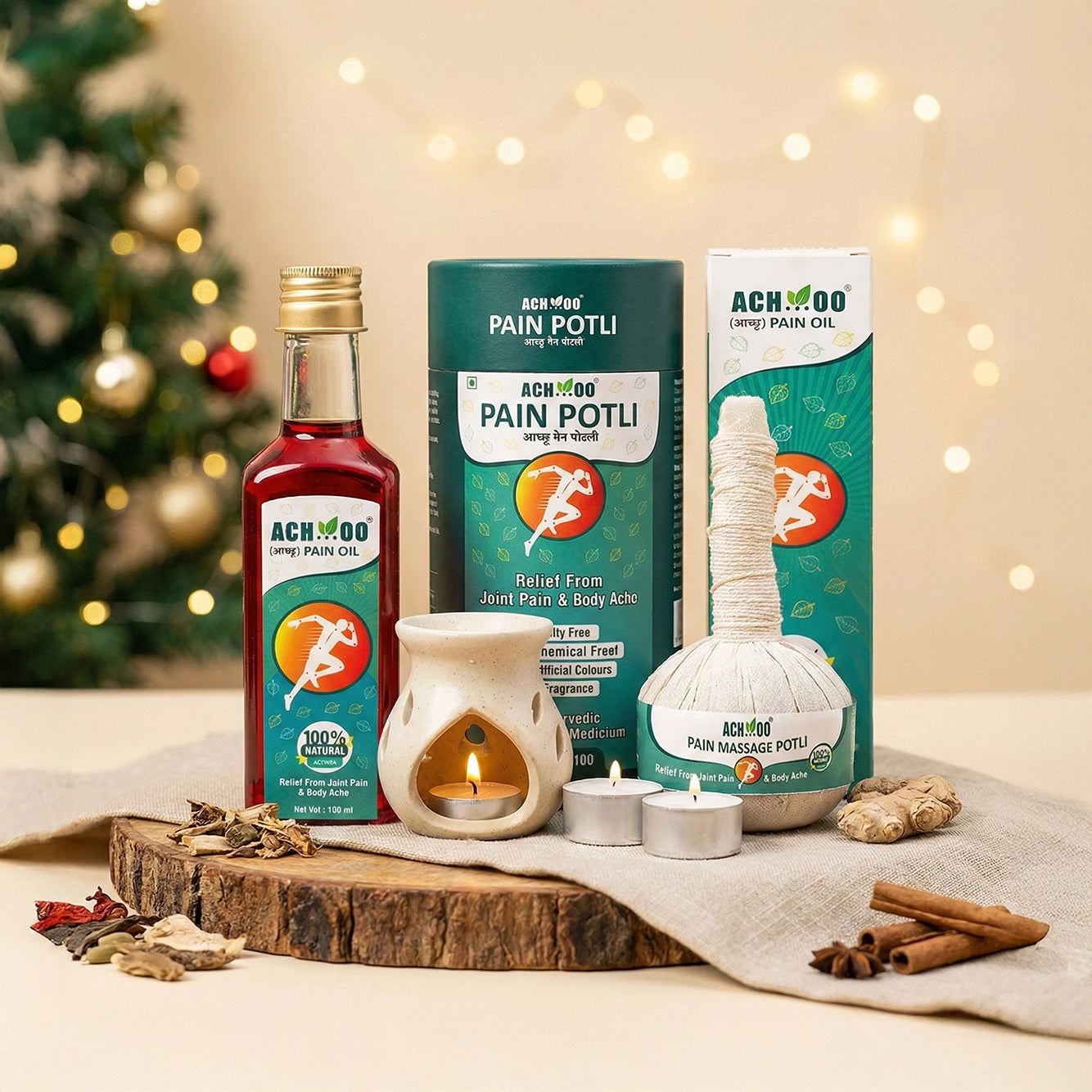 Achoo Herbal Compress Kit - Massage Potli 100GM & Pain Oil 100ML