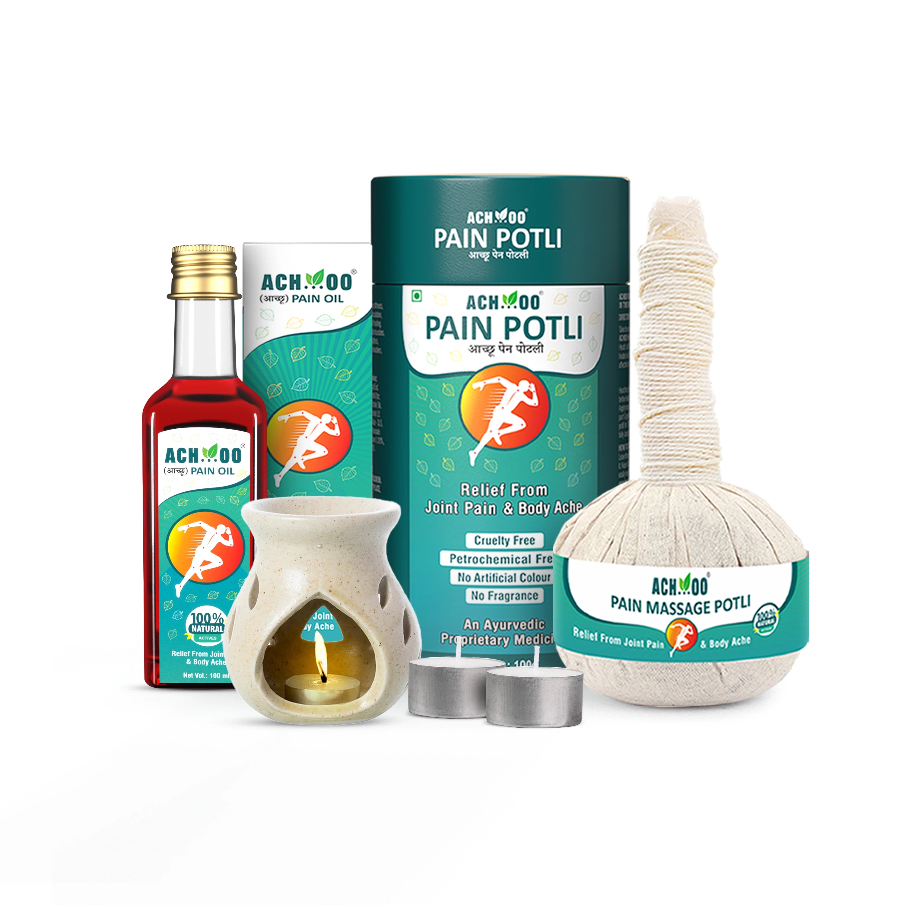 Achoo Herbal Compress Kit - Massage Potli 100GM & Pain Oil 100ML