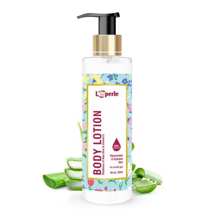 Loperle Body Lotion with Goodness of Aloe Vera and Vit.E 200 ml, 100% Natural Actives, Rejuvenates & Hydrates skin, For all skin type
