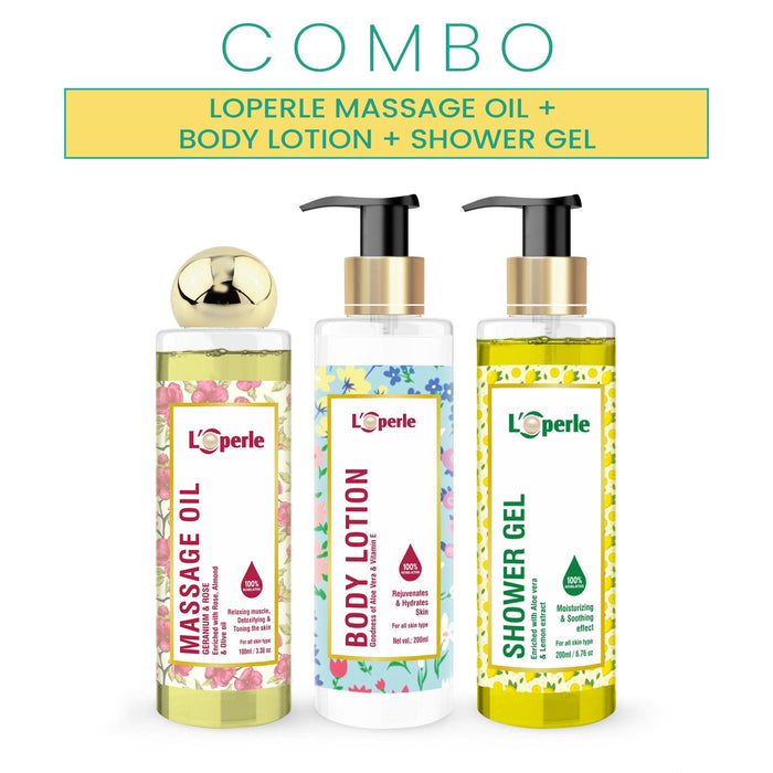 Loperle Massage Oil for Body & Face with Rose & Geranium for Glowing, Radiant Skin + Loperle Body Lotion with Aloevera & Vit. E + Loperle Shower Gel with Aloevera & Lemon Extract for Moisturising & Soothing effect