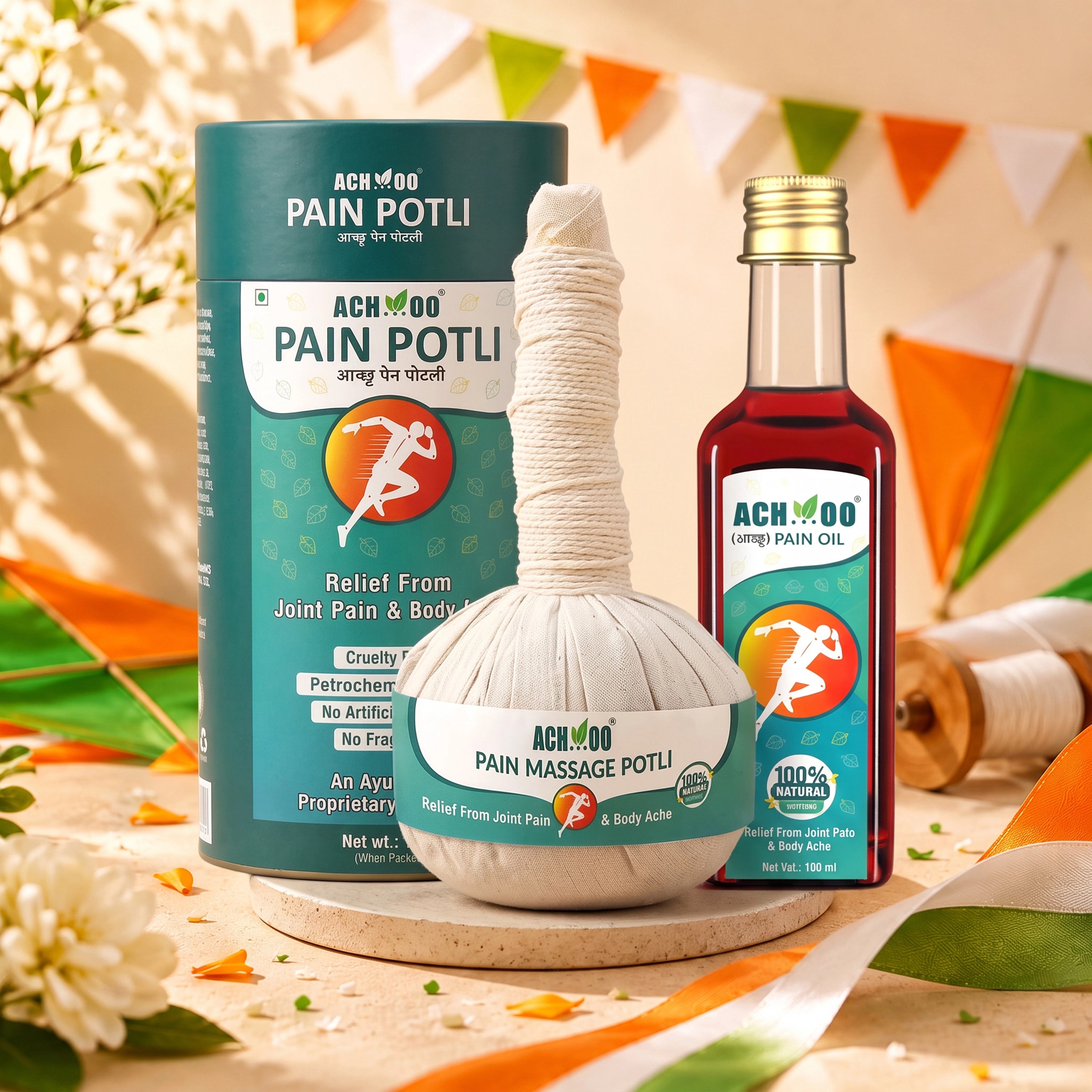 Achoo Ayurvedic Pain Relief Oil + Heat Massage Potli - Get lasting relief from joint & muscle pain