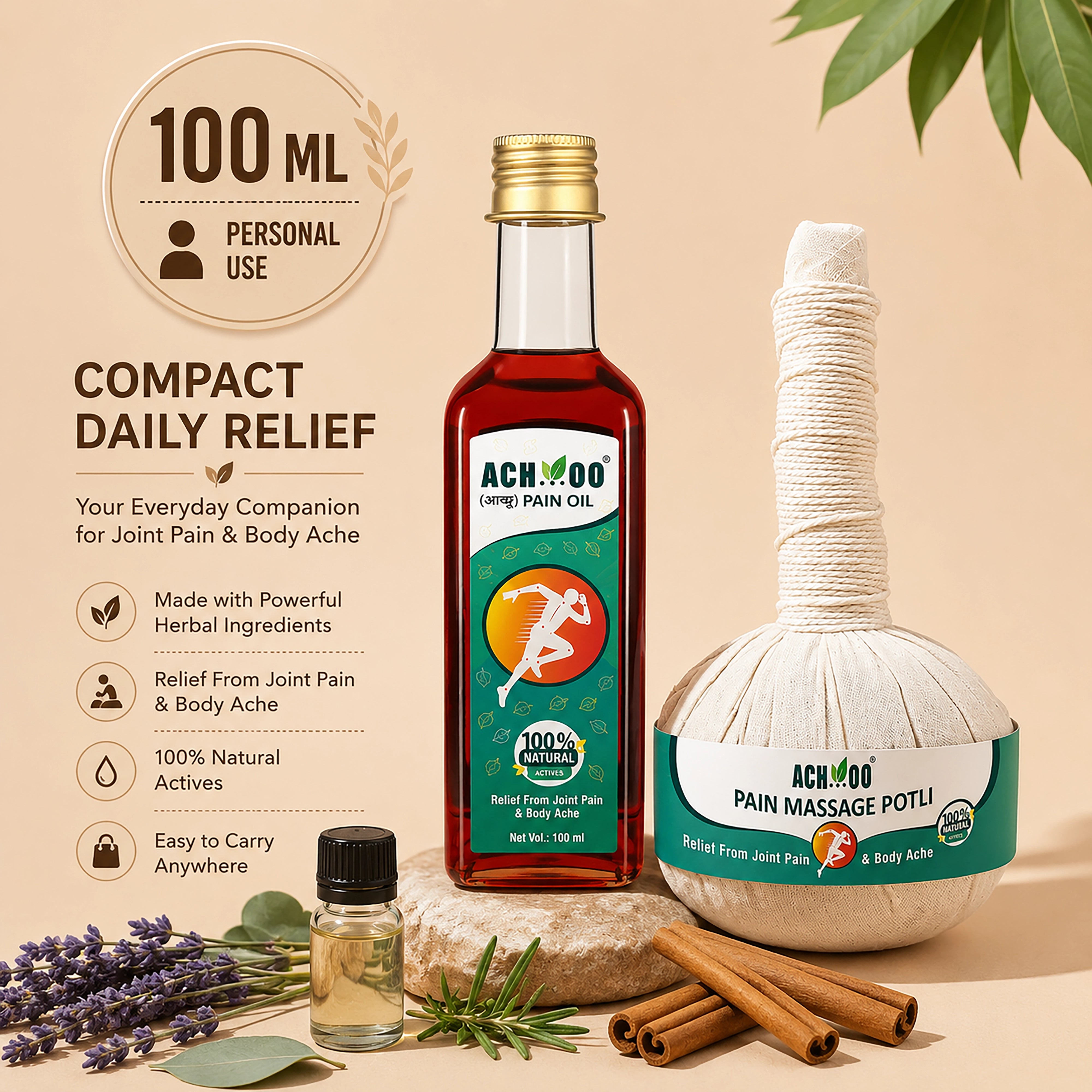Achoo Ayurvedic Pain Relief Oil + Heat Massage Potli - Get lasting relief from joint & muscle pain