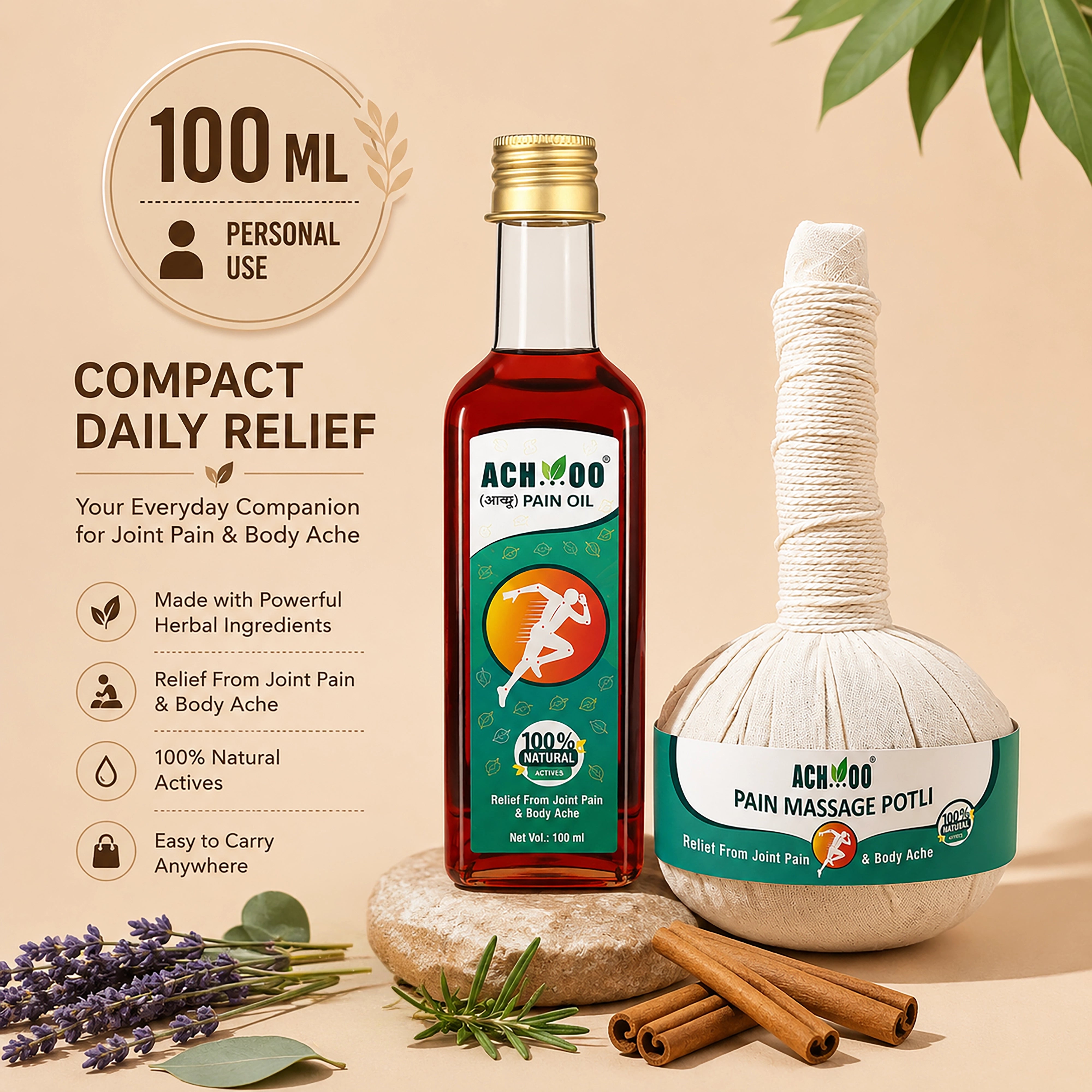 Achoo Ayurvedic Pain Relief Oil + Heat Massage Potli - Get lasting relief from joint & muscle pain