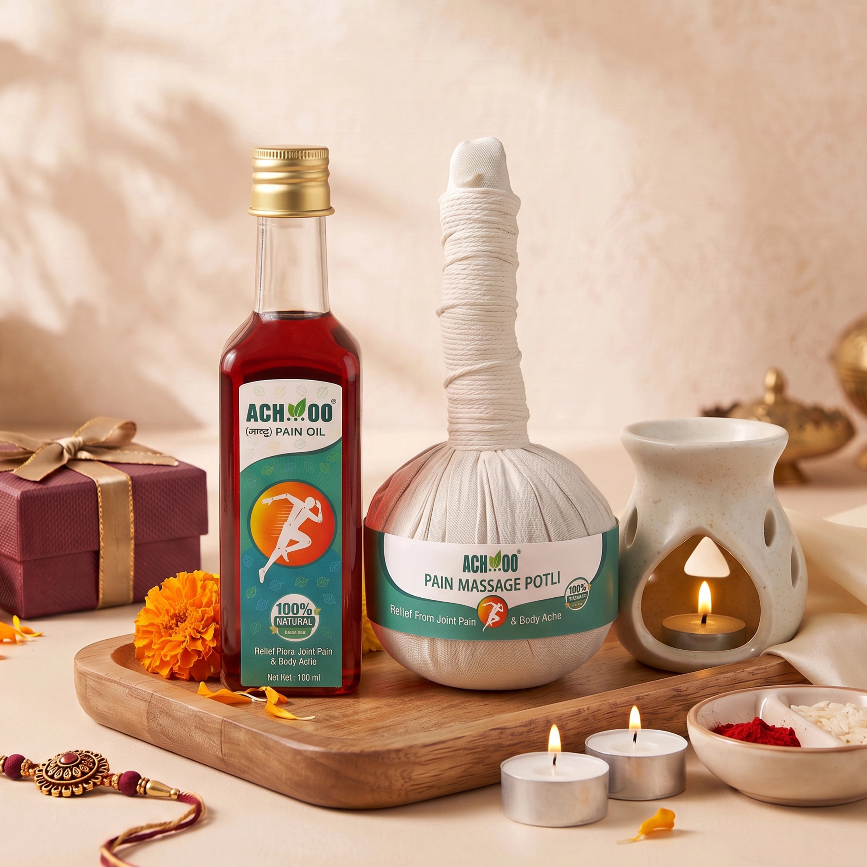 Achoo Herbal Compress Kit - Massage Potli 100GM & Pain Oil 100ML