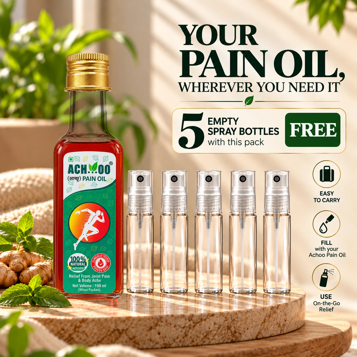 Achoo Pain Oil 100ml | Get 5 Refill Spray Bottles Free | Travel-Friendly