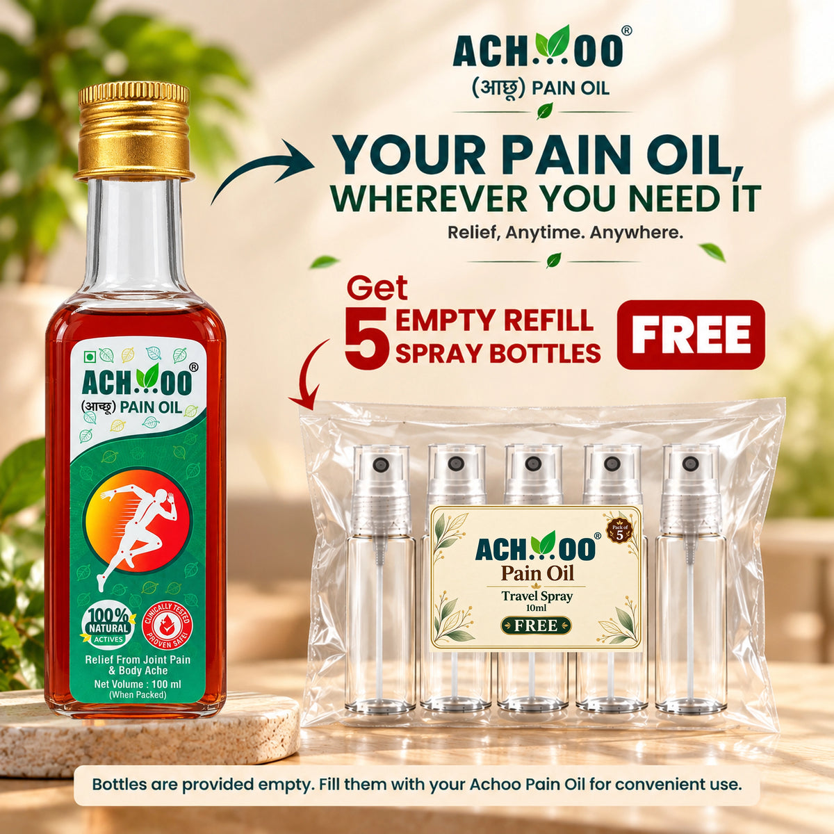 Achoo Pain Oil 100ml | Get 5 Refill Spray Bottles Free | Travel-Friendly