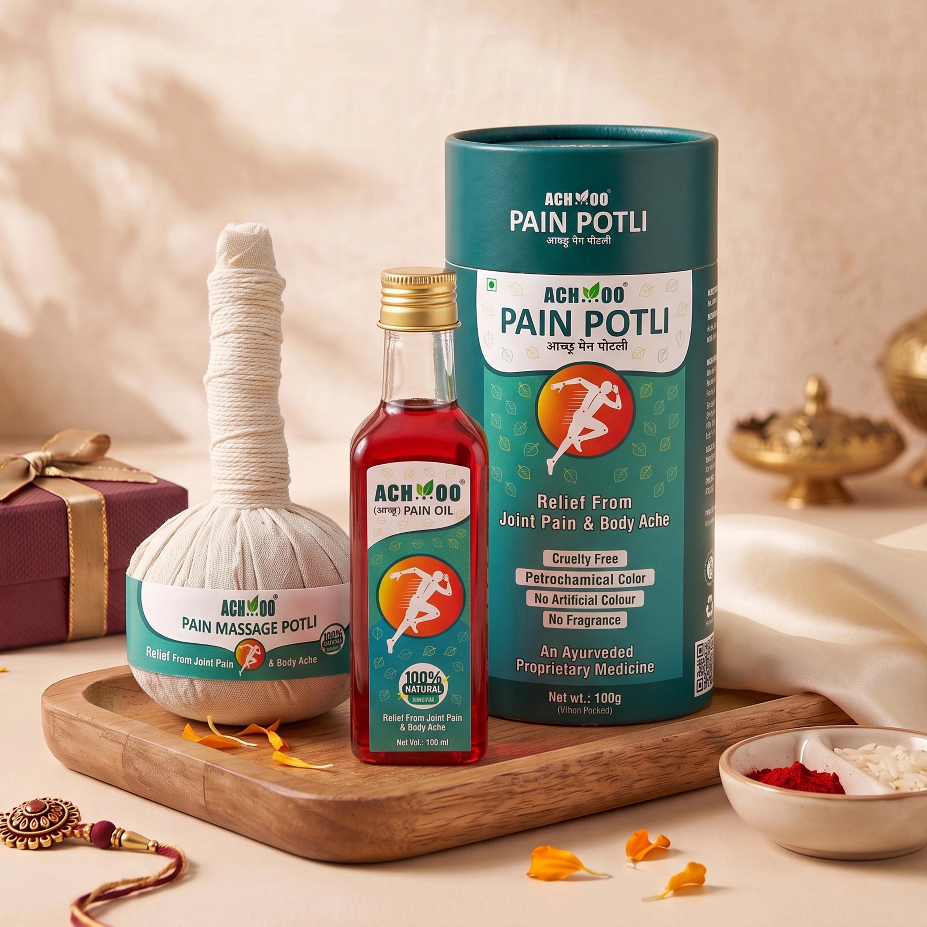Achoo Ayurvedic Pain Relief Oil + Heat Massage Potli - Get lasting relief from joint & muscle pain